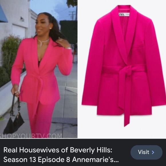 Zara Set Pink Tuxedo Collar Tie Waist Blazer and Flowy Pants. Blogger Fav - Picture 4 of 16